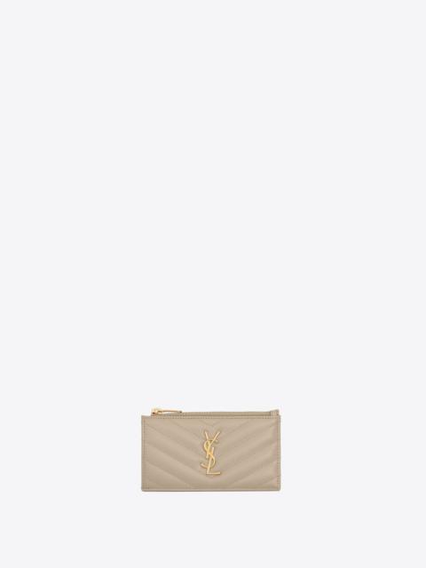 SAINT LAURENT monogram fragments zippered card case in grain de poudre embossed leather