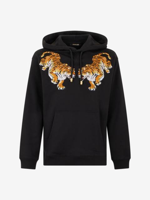 Roberto Cavalli Black Hooded Sweatshirt With Tiger Embroidery