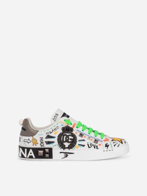 Calfskin Portofino sneakers with embroidery and studs