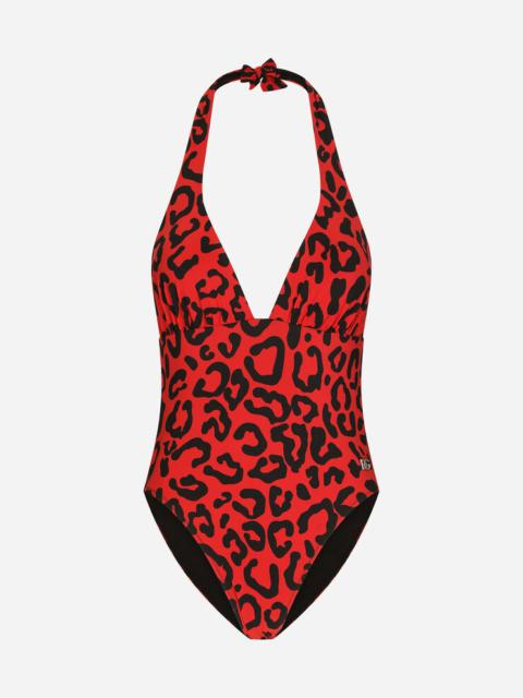 Leopard-print one-piece swimsuit with plunging neckline