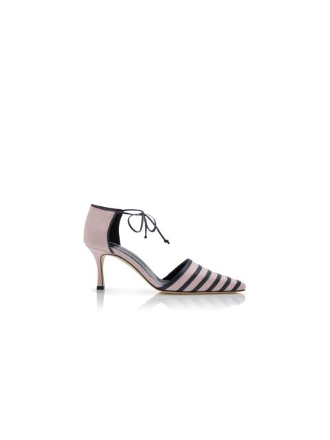 Manolo Blahnik Light Pink And Black Linen Ankle Strap Pumps