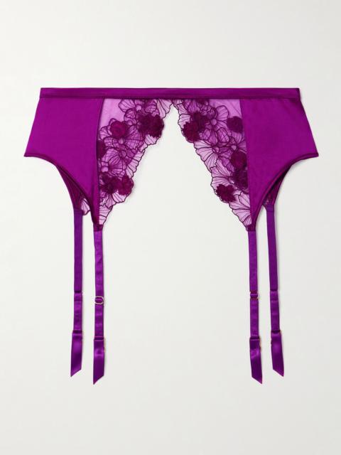 KIKI DE MONTPARNASSE Violet silk-blend satin and appliquéd embroidered tulle suspender belt Violet
