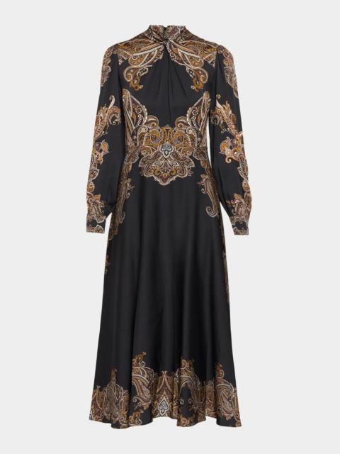 Cara Cara Vida Mock-Neck Medallion-Print Feather-Trim Mini Dress
