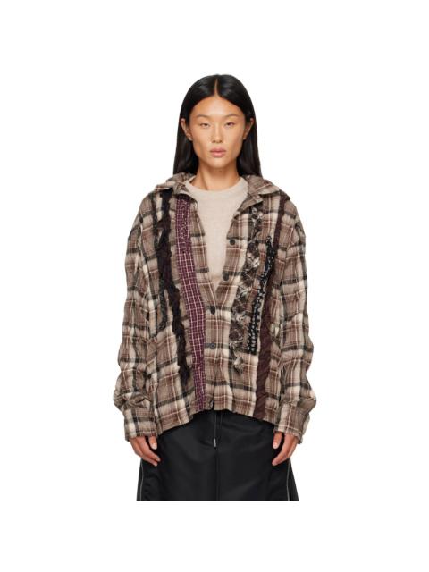 OPEN YY Brown Checkered Crinkle Ruffle Shirt