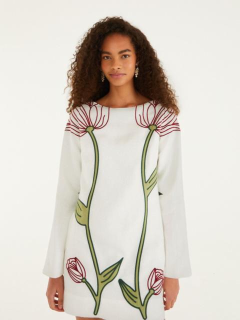 FARM RIO Off-White Flower Embroidered Long Sleeve Mini Dress