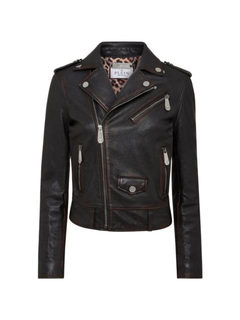 logo-patch leather biker jacket