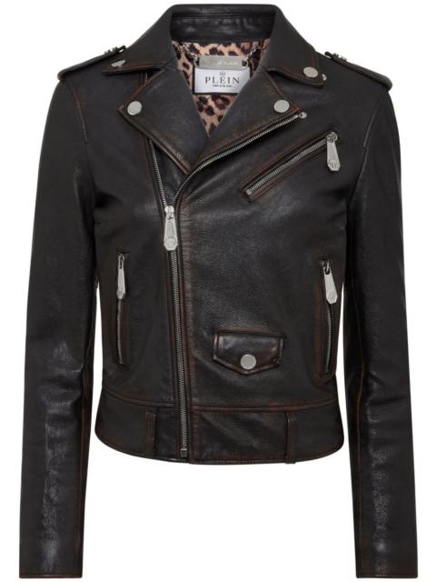 PHILIPP PLEIN logo-patch leather biker jacket