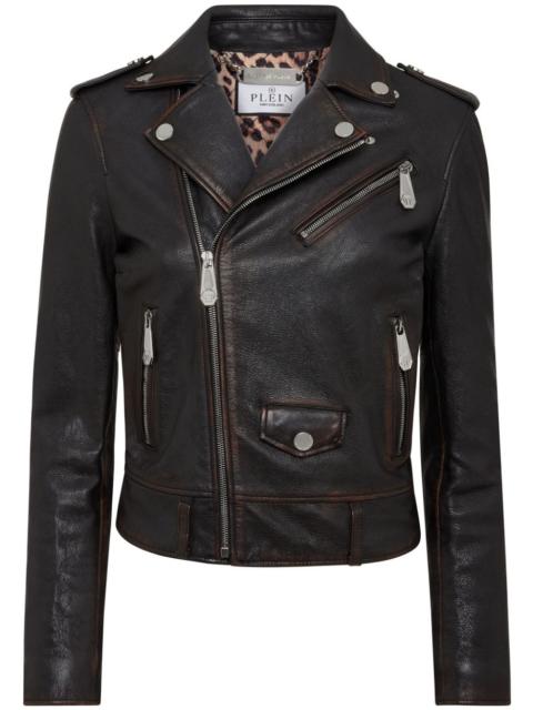 logo-patch leather biker jacket