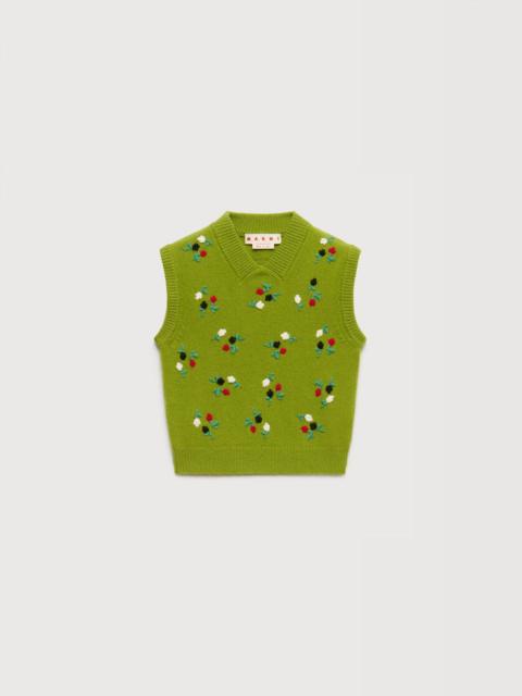 Marni GREEN WOOL-CASHMERE VEST WITH FLOWER EMBROIDERY