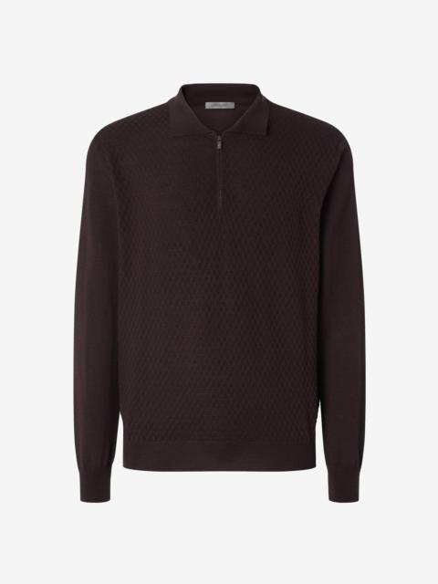 CORNELIANI Dark brown pure merino wool zip-up polo shirt