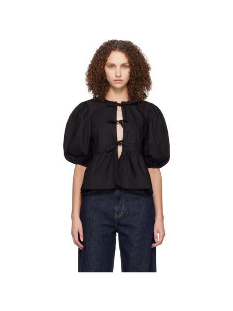GANNI Black Cotton Poplin Peplum Tie Blouse