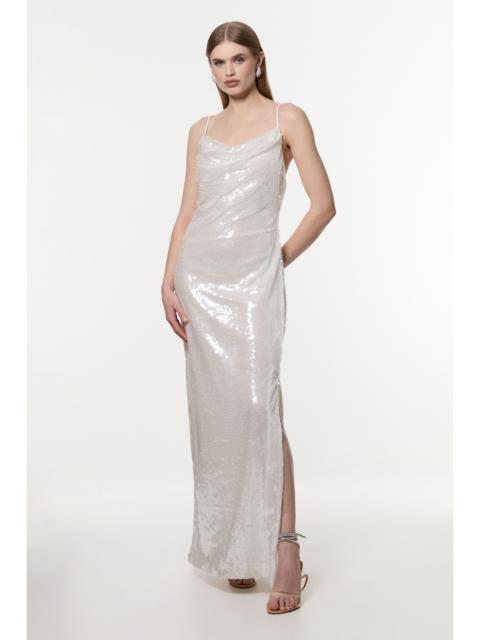 KAREN MILLEN Liquid Shine Strappy Cowl Neck Woven Sequin Dress