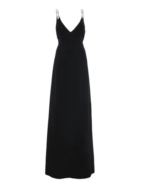 Monique Lhuillier A-Line V Neck Wool Blend Gown With Pearl Straps black