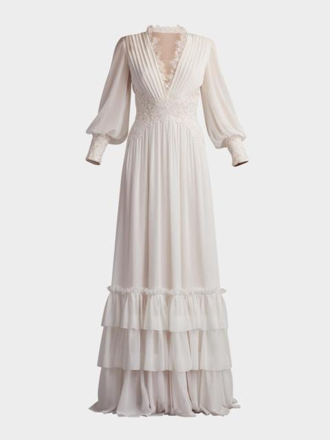 TADASHI SHOJI Long-Sleeve Chiffon Lace Ruffle Gown