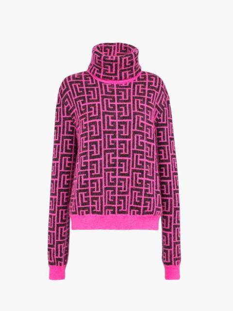 Balmain Capsule After ski - Bicolor neon pink and black Balmain-monogrammed wool turtleneck sweater
