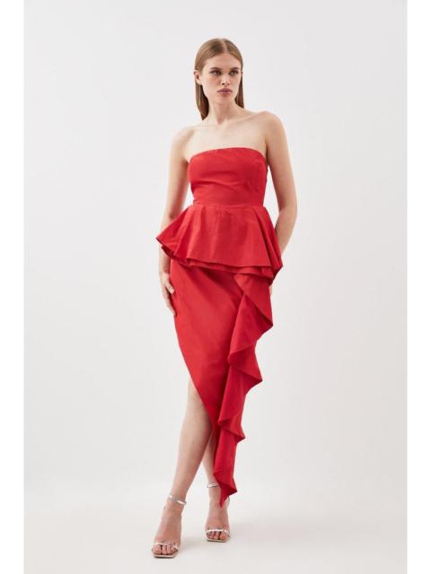 KAREN MILLEN Taffeta Double Ruffle Detail Tailored Midi Dress