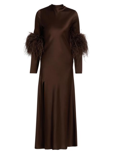 LAPOINTE Women's Satin Feather-Cuff Draped Gown - Dark Brown