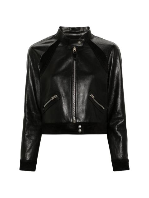 zip-up leather biker jacket