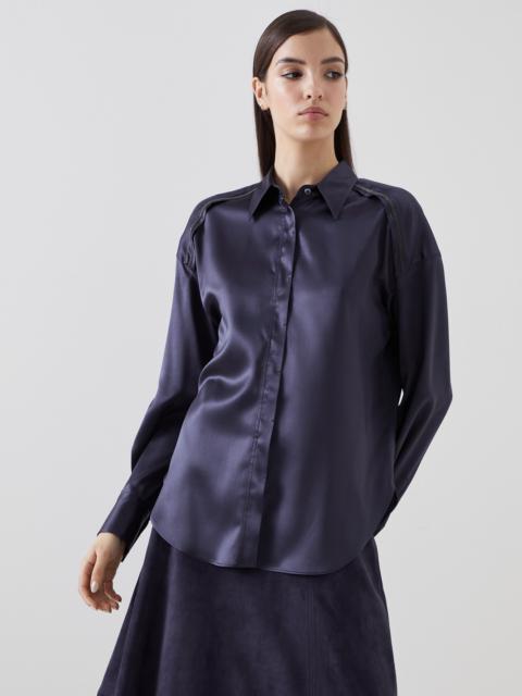 Stretch silk satin shirt with shiny trims