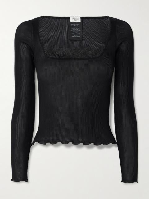 SAINT LAURENT Lace-trimmed Ribbed Silk Top