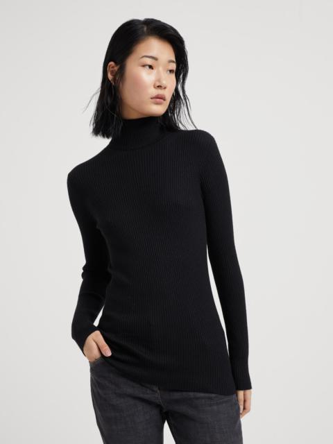 Lightweight turtleneck sweater in sparkling cashmere and silk rib knit