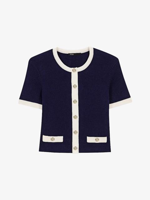 maje Short-Sleeved Contrast-Trim Knitted Cardigan