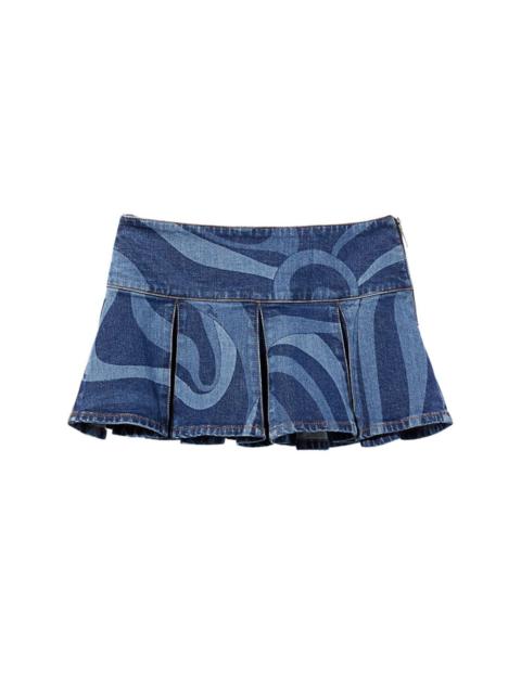 abstract-print pleated denim skirt