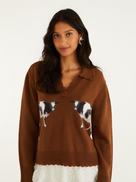 FARM RIO Brown Countryside Cow Collared Knit Sweater