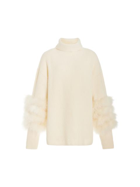 LAPOINTE Feather-Trimmed Knit Silk-Cashmere Turtleneck Sweater ivory