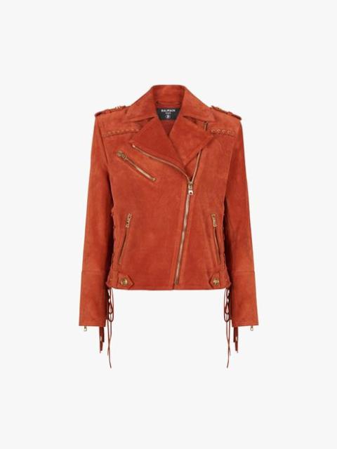 Balmain Balmain x Netflix -Terracotta and golden suede biker jacket