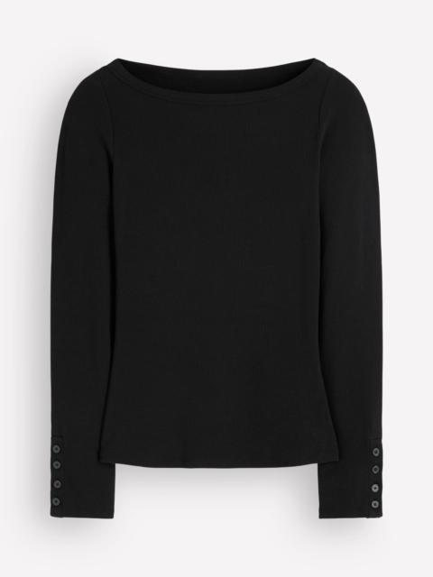 BODEN Button Cuff Ribbed Boatneck-Black
