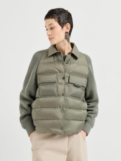 Brunello Cucinelli Water-resistant matte nylon down jacket with virgin wool, cashmere and silk knit sleeves and shiny z
