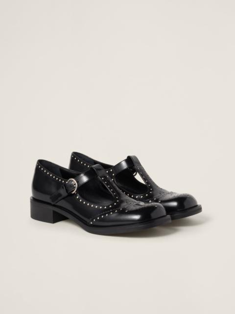 Brushed leather T-strap brogue shoes