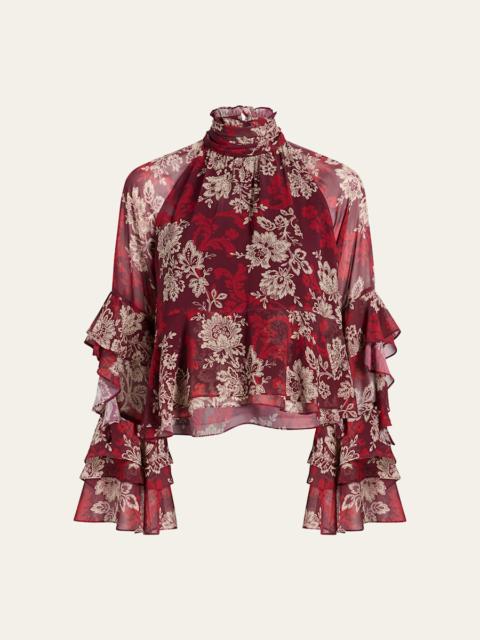 Cinq à Sept Gilded Paisley Tiered Ruffle-Sleeve Blouse