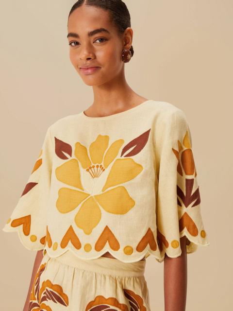 FARM RIO Sand Summer Cutwork Euroflax™ Premium Linen Blouse