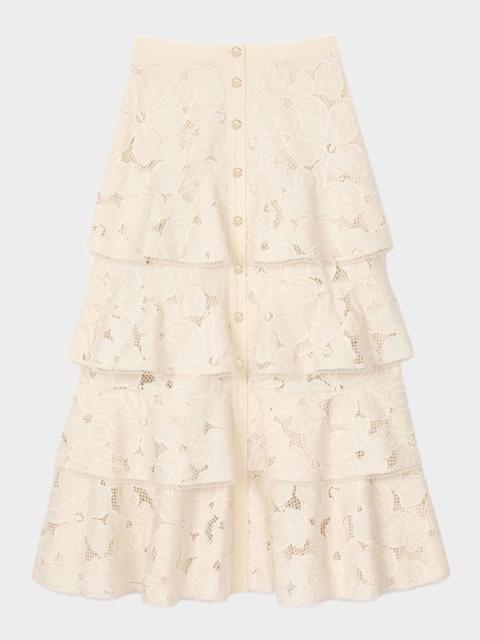 Sandro Orlivia Tiered Floral Embroidered Midi Skirt