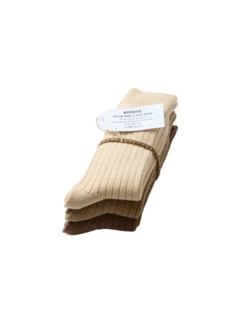 ROTOTO® R1688 Cotton Wool Ribbed Crew 3 Pack Socks Beige Tones