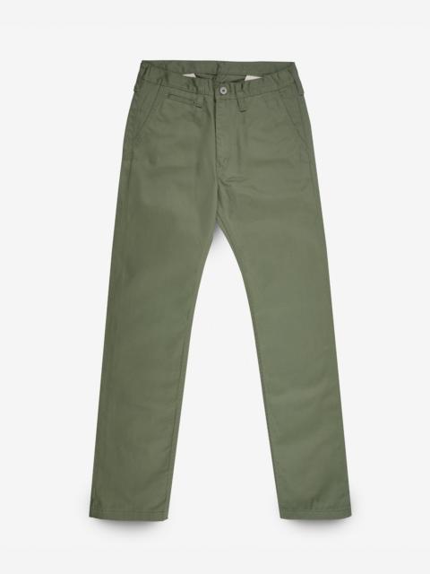Iron Heart IH-721-OLV 9OZ MERCERISED SELVEDGE COTTON SLIM TAPERED CHINOS - OLIVE
