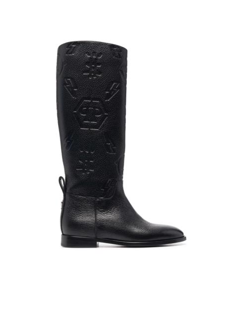 embossed-logo knee-high boots