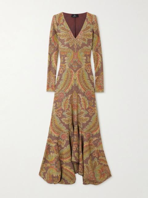 Etro Asymmetric paisley-print metallic cloqué midi dress Brown