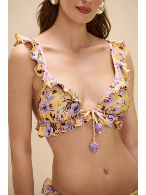 PatBO PEONY PRINT LYCRA FLOWER EMBELLISHED BIKINI TOP