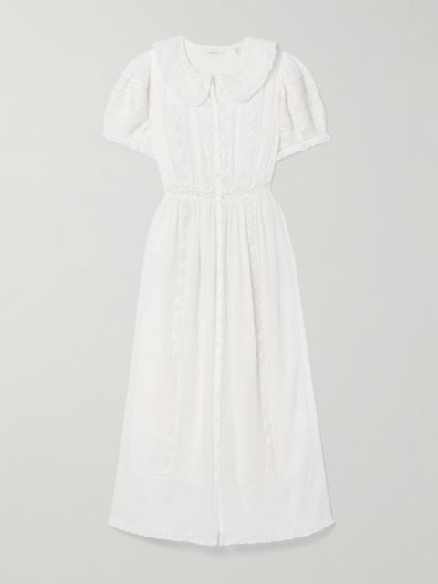 DÔEN Phoebe Lace-trimmed Pintucked Organic Cotton-voile Midi Shirt Dress