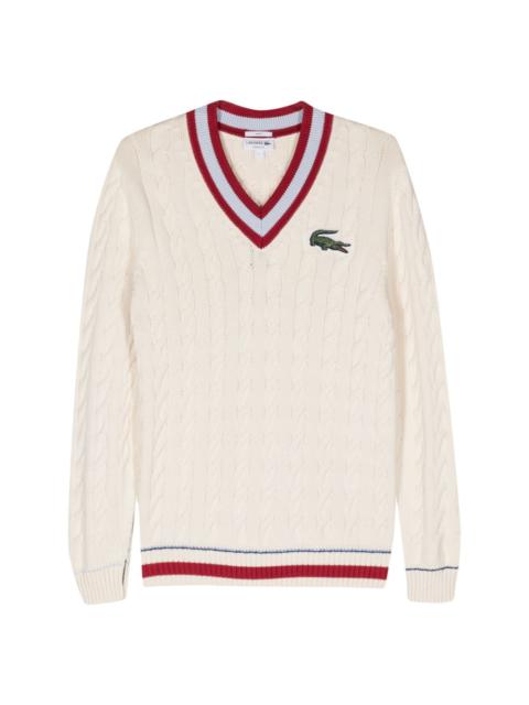 LACOSTE logo-patch cable-knit jumper