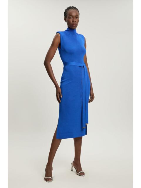 KAREN MILLEN Slinky Drape Knit Power Shoulder Sleeveless Funnel Dress