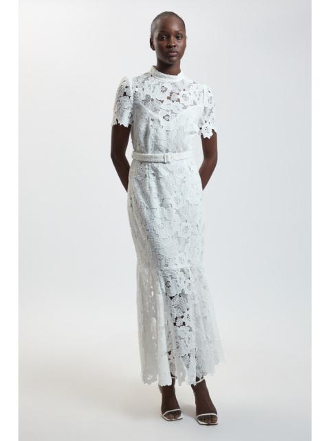KAREN MILLEN Guipure Lace High Neck Belted Midi Dress