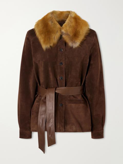 SAINT LAURENT Belted Shearling And Leather-trimmed Suede Jacket