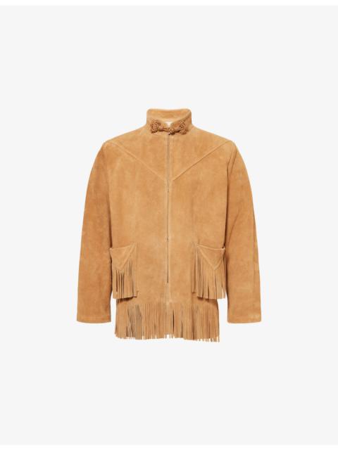 Fringed High-Neck Suede Jacket