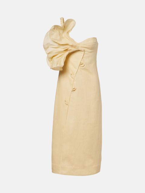 FARM RIO Foral-appliqué one-shoulder linen midi dress