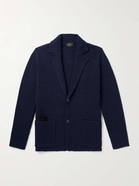 Brioni Suede-Trimmed Ribbed Cotton Cardigan