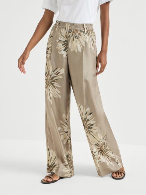 Brunello Cucinelli Silk bloom print pongee sartorial track trousers with monili